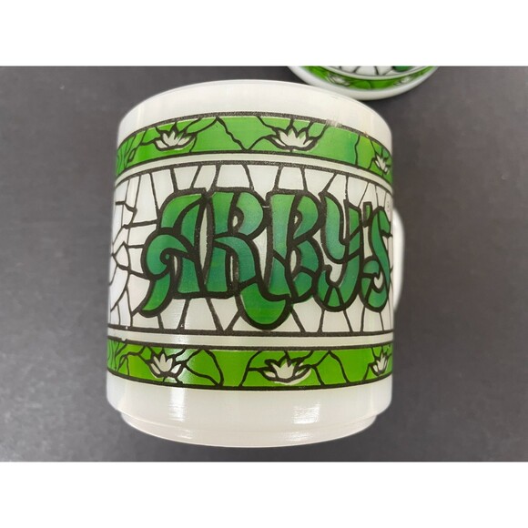 2 Arby's Green Stained Glass Mugs White Milk Glass Retro Federal Heat Proof - Picture 8 of 9